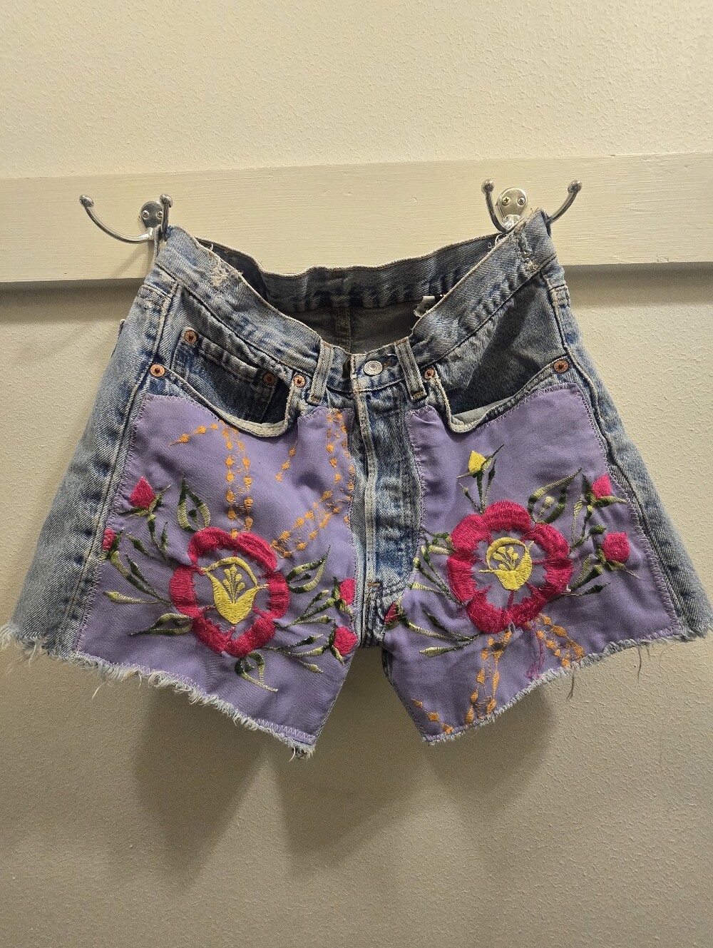 Hand-Embroidered Lavender Panel Denim Shorts Levis Button Fly